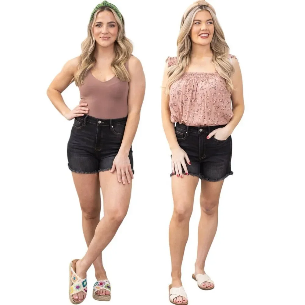 Judy Blue Black Tummy Control Shorts High Rise Fray Hem Plus Size NWT